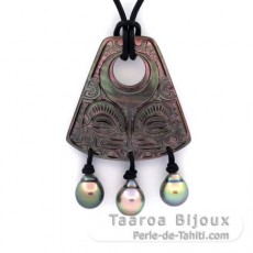 Collier en Cuir, Nacre et 3 Perles de Tahiti Semi-Baroques B 9.3 mm